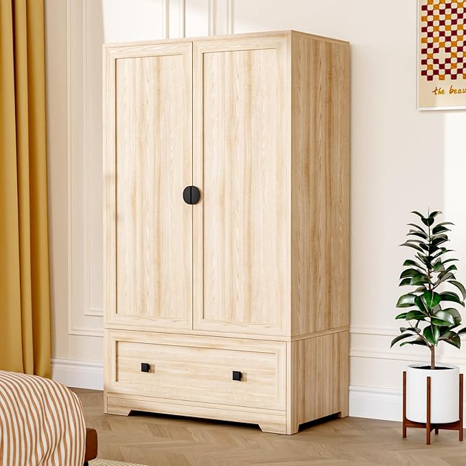 VINGLI Armoire Wardrobe Closet With Doors, Hanging Rod, Shelves and Drawer - Freestanding Cabinet for Bedroom, Dorm - Oak, 38" W x 21" D x 65" H