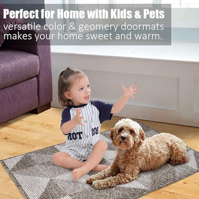 Indoor Doormat 32"x 48", Absorbent Front Back Door Mat Floor Mats, Rubber Backing Non Slip Door Mats Inside Mud Dirt Trapper Entrance Front Door Rug Carpet, Machine Washable Low Profile-Brown Geome