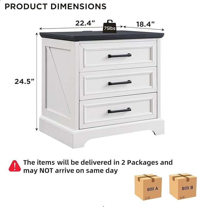 ACCOHOHO Farmhouse Nightstands Set of 2, 22 Inch Wide End Table with Charging Station & 3 Large Drawers, Rustic Wood Small Dresser Chest of Drawers for Bedroom, Living Room, Off White