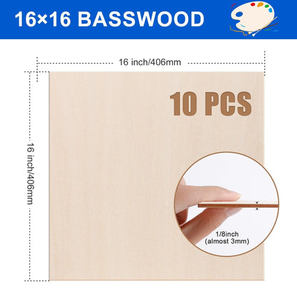 10 Pack 16x16x1/8 Inch Basswood Sheets, Large Size Basswood for Laser Cutting & Engraving, Plywood Wood Board Unfinished Wood Sheets for Crafts, DIY Architectural Models, Wood Burning and Painting.