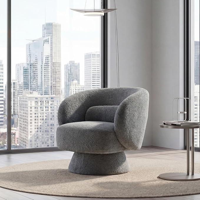 Swivel Accent Chair, Modern 360 Degree Swivel Barrel Chair with Arms & Curved Back and Lumbar Support Cushion, Comfy Round Single Boucle Sofa for Small Space, Living Room, Bedroom, Gray