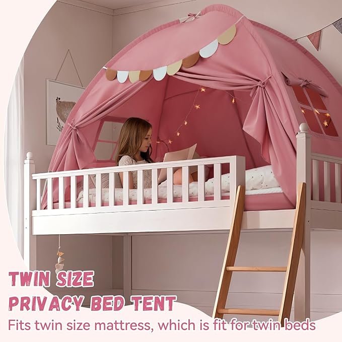 Bed Tent Twin, Bed Canopy for Kids Girls, Tents Toddler Portable Sleeping Tents Indoor, Pink Bunk Canopy Floor Playhouse for Twin Size Bed for Birthday Toy House Gift