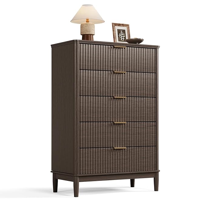 LINSY Fluted Dresser for Bedroom with 5 Drawers, Mid Century Modern Chest of Drawers with Gold Metal Handles, Tall Boho Wood Dressers, Large Farmhouse Storage Cabinet for Bedroom, Living Room, Walnut