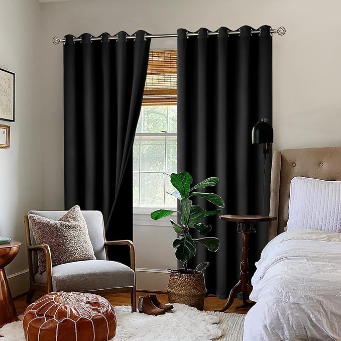 BGment Thermal Insulated 100% Blackout Curtains for Bedroom with Black Liner, Double Layer Full Room Darkening Noise Reducing Grommet Curtain (60 x 84 Inch, Black, 2 Panels)