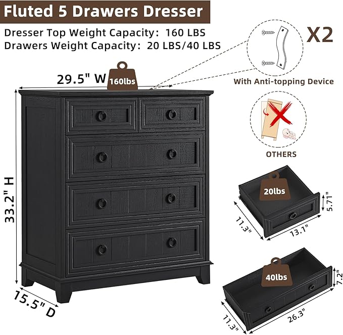 Farmhouse 5 Drawer Dresser for Bedroom, 33.2" Tall Small Dressers & Chest of Drawers, Rustic Wood Dresser with Metal Handle, Storage Organizer Closet for Living Room, Hallway, Entryway