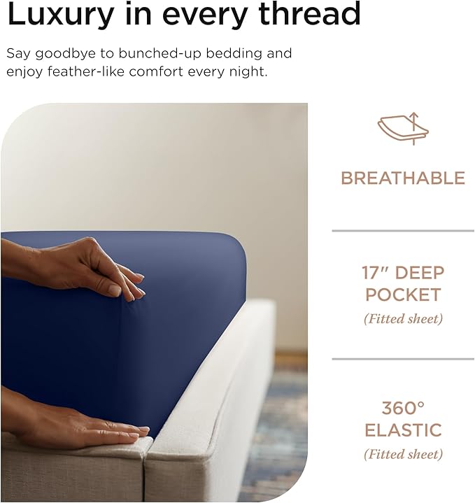 Threadmill Supima Cotton Sheets Queen, 1200 Thread Count Queen Sheet for Queen Mattresses, 4 Piece Luxury Bed Sheets, Sateen Weave Hotel Quality Sheets with Elasticized Deep Pocket, Folkstone Blue