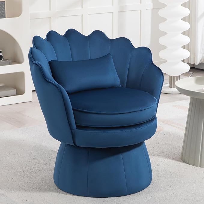 360° Swivel Accent Chair, Mid-Century Modern Velvet Barrel Chair, Comfy Shell Shape Arm Chair with Lumbar Pillow for Living Room, Bedroom, Office, Dark Blue