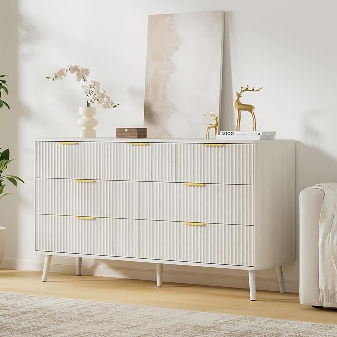 LYNSOM 55" Wide Fluted Dresser for Bedroom with 7 Drawer, Modern Chest of Drawers with Curved Profile Design and Metal Handles, Wood Dresser TV Stand & Storage Organizer for Living Room, White