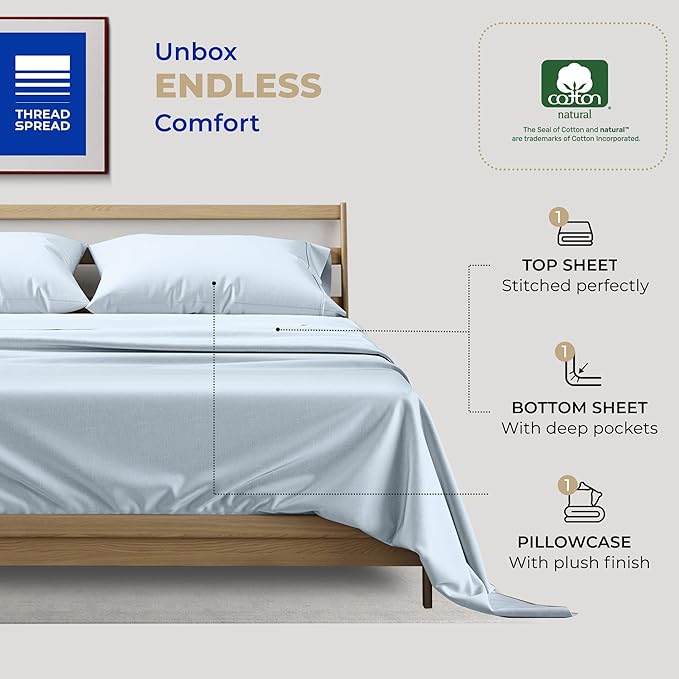 Thread Spread 100% Cotton Bed Sheets Twin XL Set - 400 Thread Count Cotton Twin XL Sheets Only, 3 PC Set (Light Blue), Soft, Breathable, Cooling, Sateen Weave 16" Deep Pocket Bedsheet for Hot Sleepers