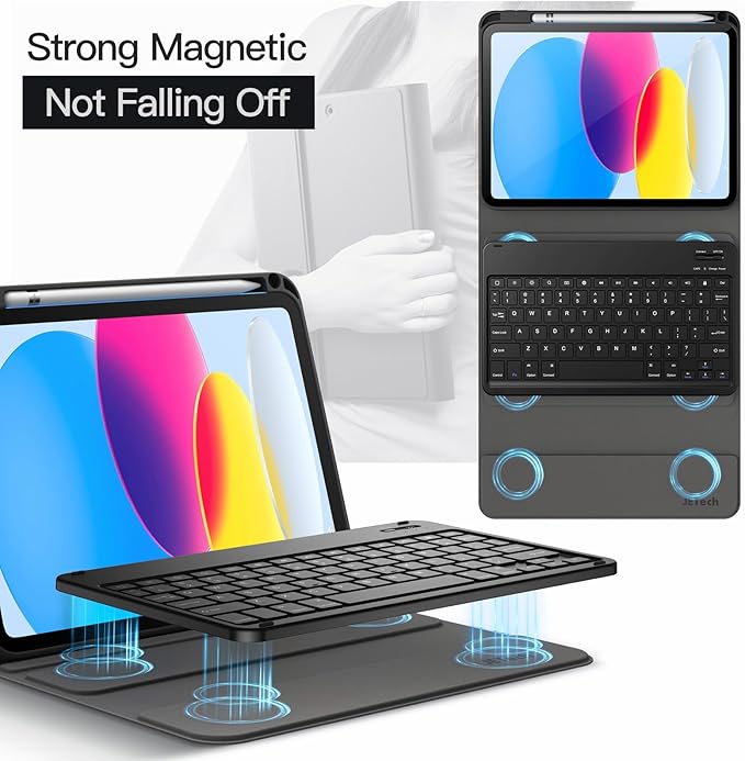 JETech Keyboard Case for iPad (A16) 11th/10th Generation (2025/2022) with Pencil Holder, Magnetic Detachable Bluetooth Wireless Keyboard, Soft TPU Back Stand Cover (Black)