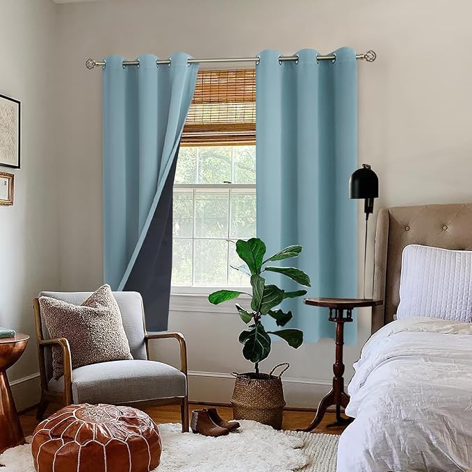 BGment Thermal Insulated 100% Blackout Curtains for Bedroom with Black Liner, Double Layer Full Room Darkening Noise Reducing Grommet Curtain (42 x 63 Inch, Greyish Blue, 2 Panels)