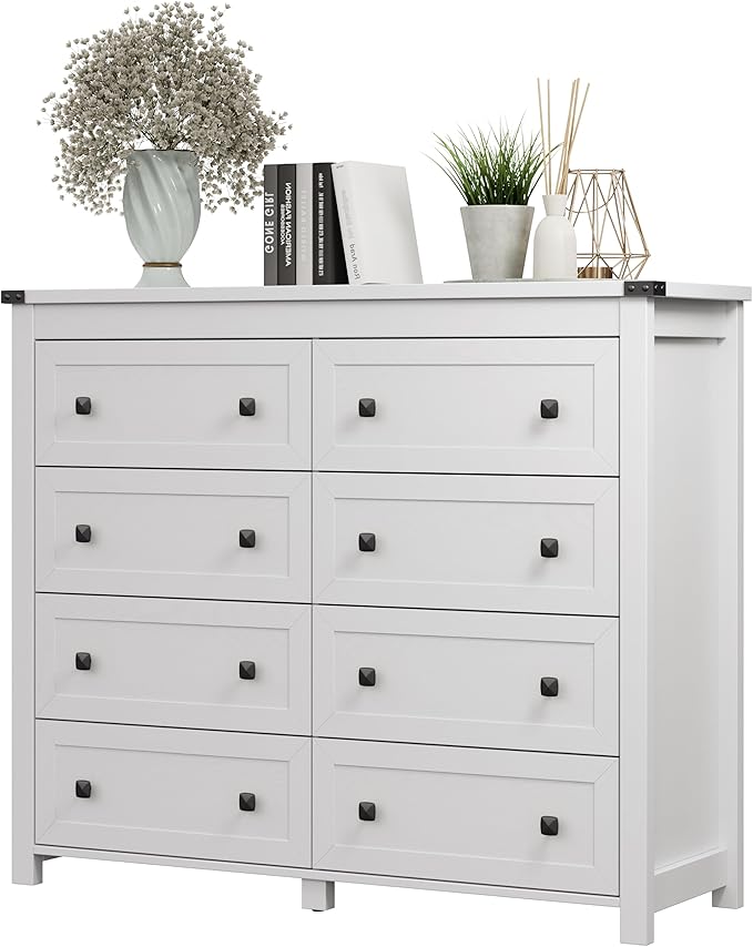 Dresser for Bedroom with 8 Drawers, Farmhouse Wood Chest of Drawers, Wide TV Stand Closet Storage Furniture with Metal Handle, Modern Clothes Organizer for Hallway, Living Room, Entryway, White