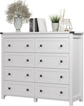 Dresser for Bedroom with 8 Drawers, Farmhouse Wood Chest of Drawers, Wide TV Stand Closet Storage Furniture with Metal Handle, Modern Clothes Organizer for Hallway, Living Room, Entryway, White