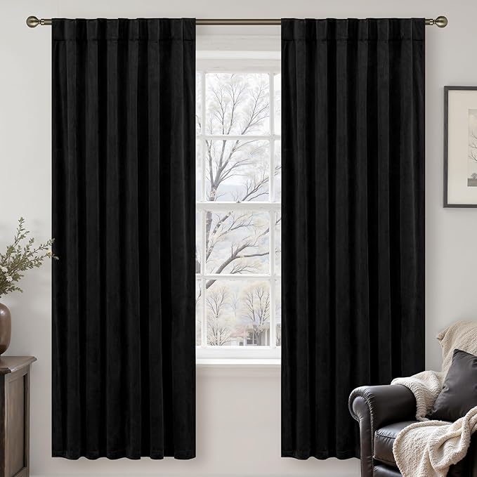 LAMIT Halloween Black Velvet Curtains for Bedroom 72 Inch, Luxury Thermal Room Darkening Drapes Back Tab and Rod Pocket Privacy Blackout Panels for Movie Theater, 2 Panels, 52 x 72 Inch