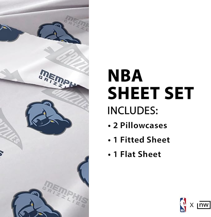 Northwest Officially Licensed Memphis Grizzlies NBA Full Size Sheet Set – Soft Team Logo Bedding for Dorms, Bedrooms, Fan Caves & Game Day Style