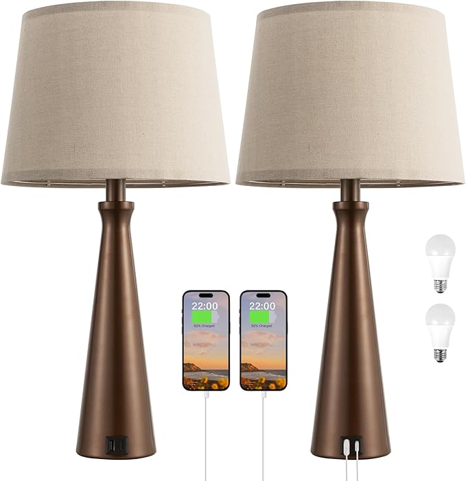 Seealle Modern Table Lamps Set of 2 - Touch Bedside Lamp for Nightstand with Dual USB C+A,3-Way Dimmable Brown Nightstand Lamps for Living Room Bedroom End Table with Oat Shade(Bulb Included)