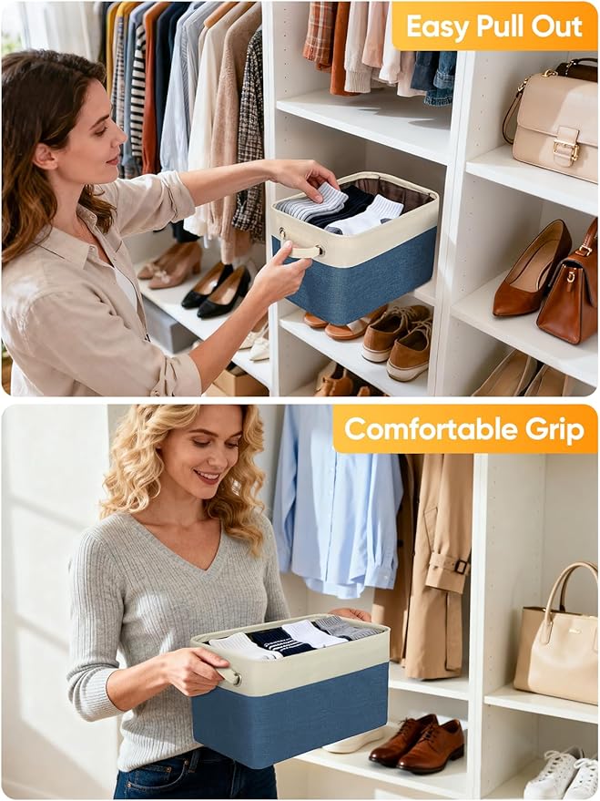 BALEINE 1 Pack Fabric Storage Bins for Shelves, Linen Storage Baskets for Organizing, Decorative Closet Bins for Clothes, Home (Navy Blue, 14''x10''x8.5'')