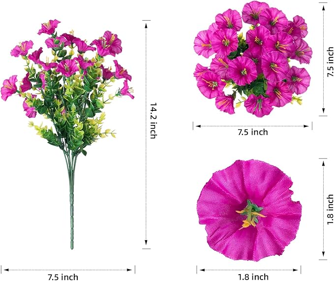 Artificial Flowers Fake Plants for Outdoors Decoration, 12 Bundles Silk Morning Glory with Eucalyptus Realistic UV Resistant Fuchsia Faux Flowers for Outside Planter Yard Patio Garden Home Indoor Urn
