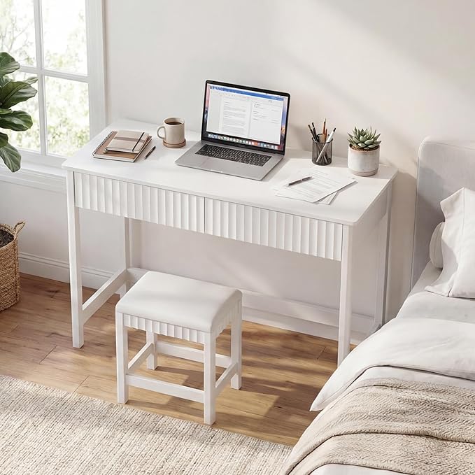 ChooChoo 47.2 Inch Modern Desk with Drawers, Makeup Vanity Desk with Padded Stool, Writing Computer Desk for Home Office & Bedroom, White
