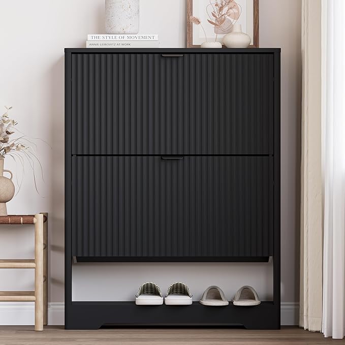 Shoe Cabinet with 2 Flip Drawers, Fluted Shoe Storage Cabinet with Adjustable Shelves, Freestanding Rack and Organizer for Entryway, Closet, Hallway