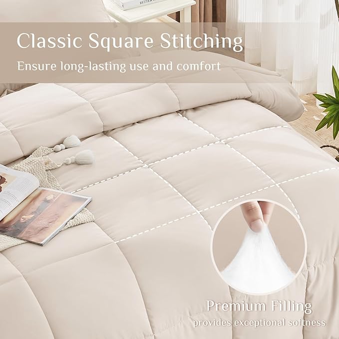 JOLLYVOGUE Oversized Queen Comforter Set, Ultra-Soft Bed in a Bag Oversized Queen Size 7 Pieces, Oeko-TEX Certified Bedding Set with Down Alternative Comforter, Sheets, Pillowcases & Shams, Beige