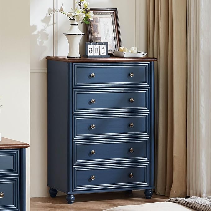5 Drawers Chest of Drawers Dresser for Bedroom, Wood 45" Tall Dresser Storage Dressers Organizer, Farmhouse Rustic Closet for Living Room, Hallway Entryway