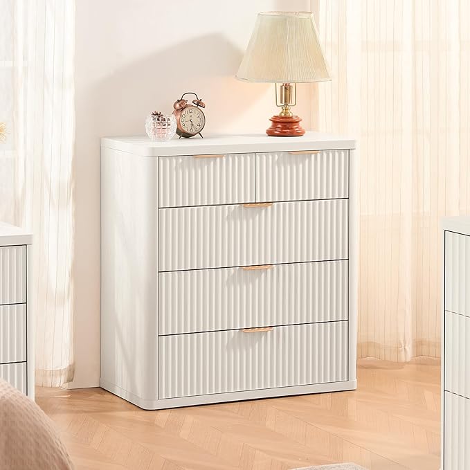 LEYAOYAO Fluted 5 Drawers Dresser for Bedroom Set of 2, 34" Tall Modern Chest of Drawers with Metal Handle, Curved Profile Design,White Wood Drawer Organizer for Bedroom, Living Room, Hallway