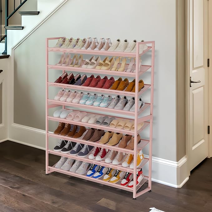 Large Shoe Rack 8 Tier Shoe Organizer, Heavy Duty Metal 4-Tier Stackable Shoe Storage Vertical Shoe Rack for Closet Front Door Entrance, Up to 50 Pairs, 44.8" W x 11.4" D x 56.7" H, Pink