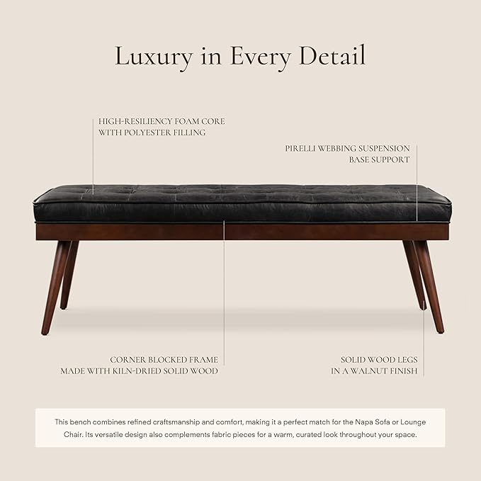 Poly & BARK 55" Tufted Leather Bed Bench for Bedroom End of Bed - Living Room Entry Way Bench - Pure Italian Leather Upholstery with a Solid Wood Frame - Ottoman Bench with Wooden Legs - Onyx Black
