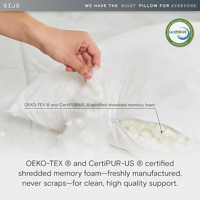 Sijo FlexCool Shredded Memory Foam Pillow - Adjustable Bed Pillow Last Cooling Surface - Good Housekeeping 2025 Bedding Award Winner - CertiPUR-US - Medium Firm for Back, Side, Stomach Sleeper (Queen)