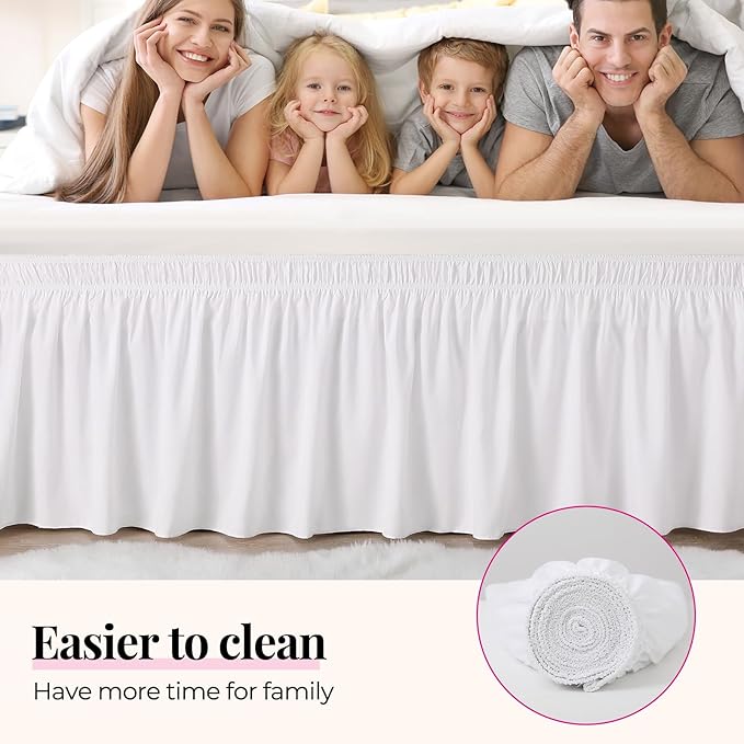 RIMELA White Bed Skirt Twin Size 12 Inch Drop, Elastic Bed Skirting for Bed Base and Frame, Bedding Dust Ruffle Easy to Install, Lightweight Wrap Around Adjustable Bedskirt