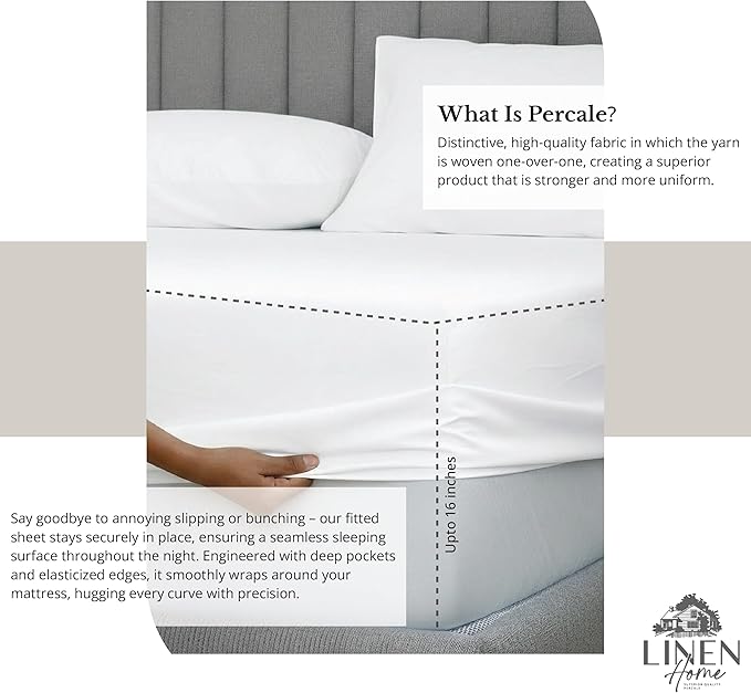 Linen Home 100% Cotton Percale Sheet Set, Twin Size, Snow White, Deep Pocket, 4 Pieces Set - 1 Flat, 1 Deep Pocket Fitted Sheet and 2 Pillowcases, Crisp Cool and Strong Bed Linen