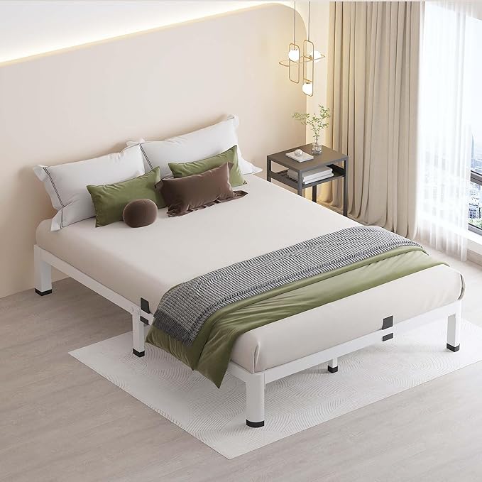 MAF 7 Inch Full Size Metal Platform Bed Frame White with Round Corner Legs, Mattress Slide Stopper, 3000 LBS Heavy Duty Steel Slats Support, Noise Free, No Box Spring Needed, Easy Assembly