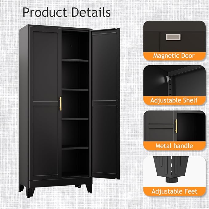 71" Tall Metal Pantry Storage Cabinet with Doors and 4 Adjustable Shelves, Black Kitchen Food Pantry Cabinets, Tall Freestanding Cupboard for Kitchen, Dining Room or Living Room, Black