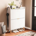 Slim Shoe Storage Cabinet for Entryway, 2 Flip Drawers Wooden Organizer with Fluted Panel, Secure Fence Top for Plants & Decor, Hidden Shoe Storage for Hallway & Foyer (White)
