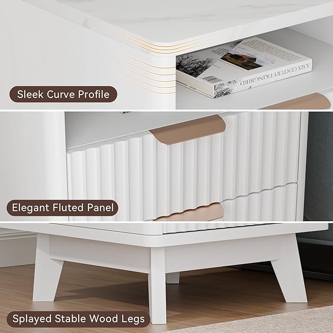 White Nightstand with 2 Drawers, 18" Modern Night Stand with Faux Marble Top, Open Storage Shelf, Fluted Bedside Table for Bedroom, End Table Side Table