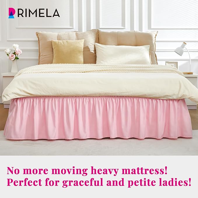 RIMELA Pink Bed Skirt Queen Size 18 Inch Drop, Elastic Bed Skirting for Bed Base and Frame, Bedding Dust Ruffle Easy to Install, Lightweight Wrap Around Adjustable Bedskirt