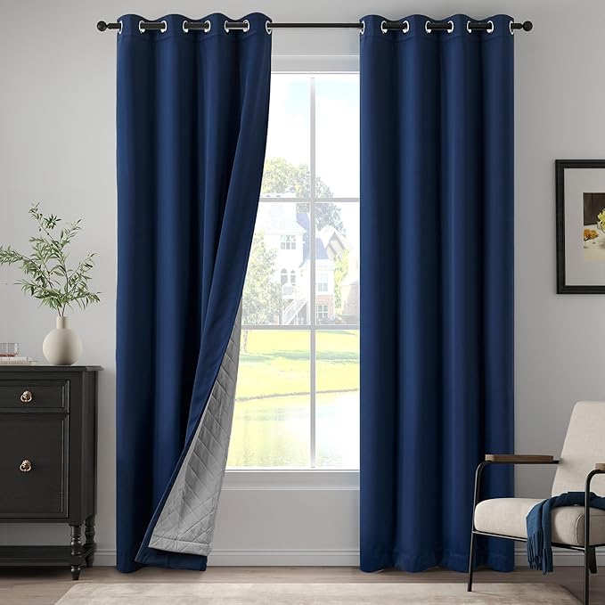 3-in-1 Layers Noise Cancelling Curtains for Bedroom Grommet Full Blackout Window Drapes Thermal Insulation Winter Curtains for Living Room (1 Panel, Navy Blue, 50" x 84")