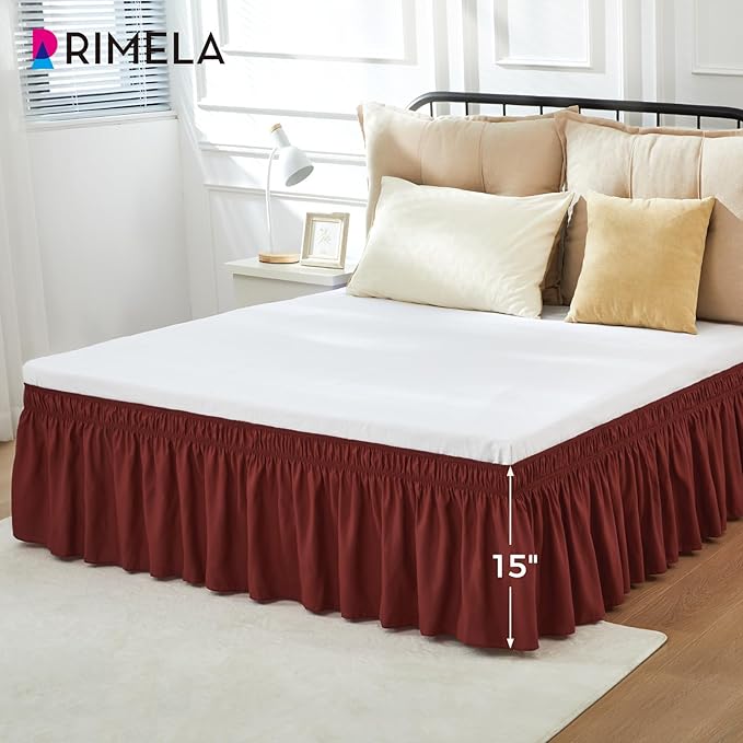 RIMELA Wine Red Bed Skirt King Size 15 Inch Drop, Elastic Bed Skirting for Bed Base and Frame, Bedding Dust Ruffle, Lightweight Wrap Around Adjustable Bedskirt, Cal King