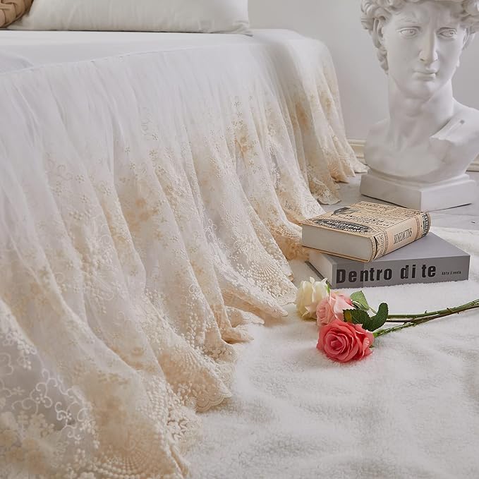 Brandream Lace Bed Skirt Full Size Cream White 18 Inch Drop Romantic Bed Sheets Cover Split Corners