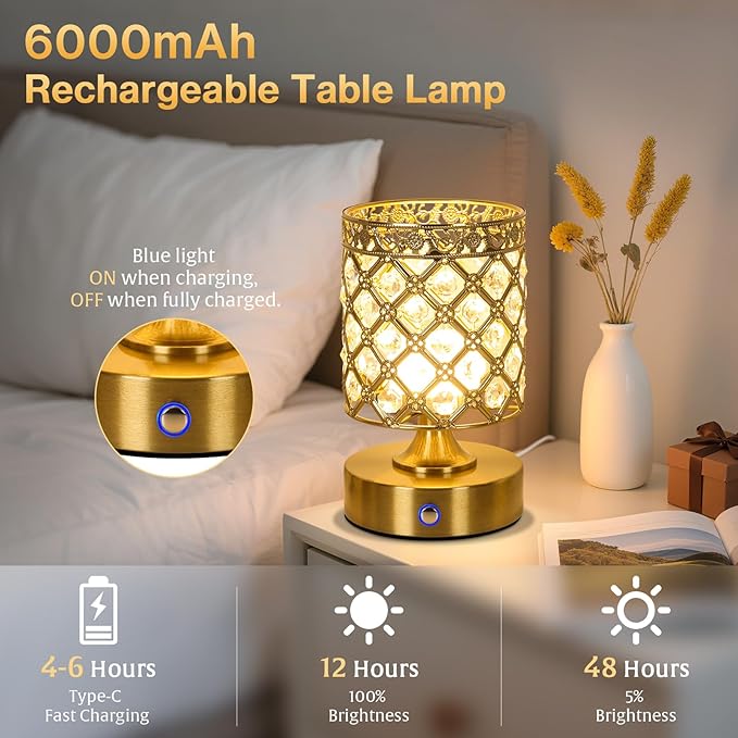 TOBUSA Gold Rechargeable Cordless Table Lamp, 6000mAh Crystal Battery Operated Lamp with 3 Color Temps & Stepless Dimming, Portable Bedside Touch Small Desk Lamp, Vintage Wireless LED Night Light