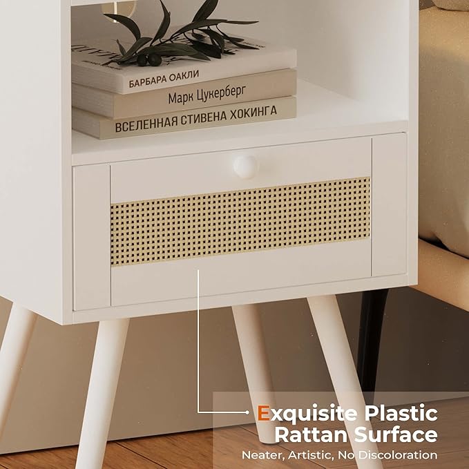 SUPERJARE Nightstands with Charging Station, Bedside Table Set of 2 with PE Rattan Drawers, Rattan Side Table with Storage & Solid Wood Feet, End Table for Bedroom, White