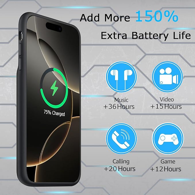 Battery Case for iPhone 16 Pro Max, Upgraded 12000mAh Rechargeable Portable Extended Battery Pack Supported Qi Wireless Charging Case Compatible with iPhone 16 Pro Max (6.9 inch) Charger Cover (Black)