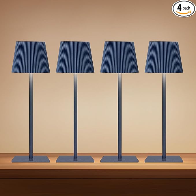 LUTEC 4 Pack Cordless Table Lamp,6000mAh Rechargeable Battery Operated Desk Lamp,Two Adjustable Heights,Waterproof, Touch Control & 3 Color Stepless Dimming for Restaurant/Bedroom/Bars/Outdoor (Blue)
