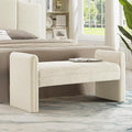 24KF Modern Upholstered Bed Bench Covered with Soft Boucle Teddy Fabric, Lovely Entryway Bench Ottoman with Armrest,5062-Cream