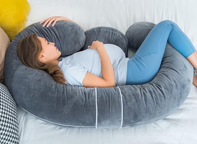QUEEN ROSE Pregnancy Pillows - E Shaped Pregnancy Pillows for Sleeping, Detachable Body Pillow for Pregnant Side Sleeper, Grey Velvet Cover, 60in