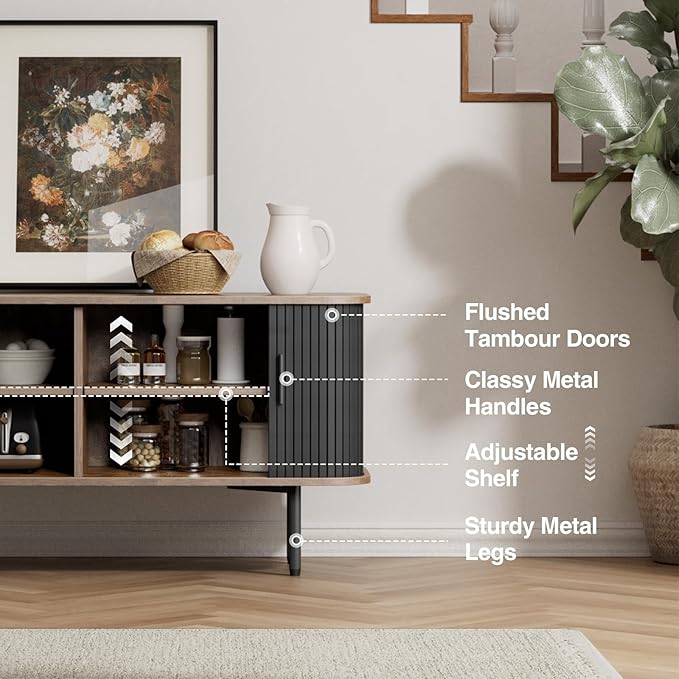 47''W Black Cabinet with Storage, Media Console, Tambour TV Stand, Television Stands with Curvy Edge; Sliding Door, Fluted Cabinet, Buffet Sideboard, Credenza, Table Stand for Living Room, Kitchen