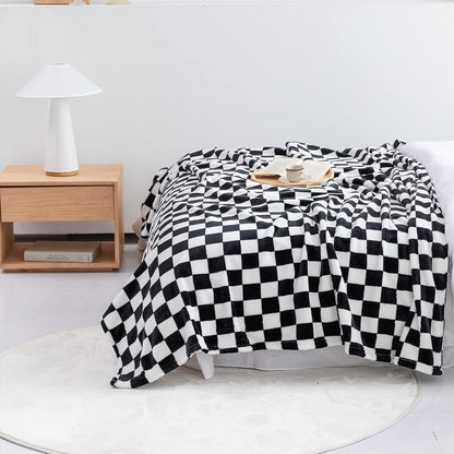 LOMAO Throw Blankets Flannel Blanket with Checkerboard Grid Pattern Soft Throw Blanket for Couch, Bed, Sofa Luxurious Warm and Cozy for All Seasons (Black, 90"x90")