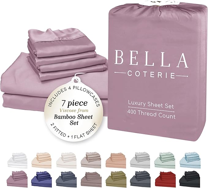 Bella Coterie 7 Piece Luxury Bamboo Viscose Split King Size Sheet Set | 2 Fitted Sheets for Adjustable Beds | 100% Organically Grown | Cooling for Hot Sleepers | 4 Pillowcases [Lilac]