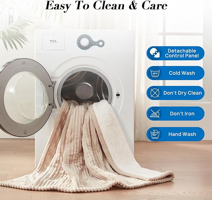 Westinghouse Electric Blanket Twin, Soft Ribbed Flannel to Sherpa Heated Blanket with 10 Heating Levels & 1-12 Hours Auto Shut Off, Fast Heating & Machine Washable, 62x84 Inch, Beige